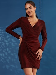 Jolie Moi Red Metallic Draped Knee Length Dress - Image 5 of 7