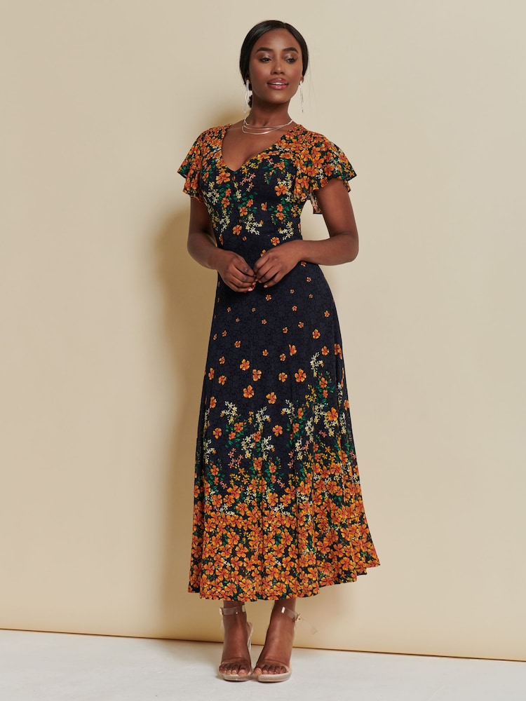 Jolie Moi Orange Lace Floral Print Fit & Flare Maxi Dress - Image 1 of 7 Jolie Moi Orange Lace Floral Print Fit & Flare Maxi Dress - Image 1 of 7