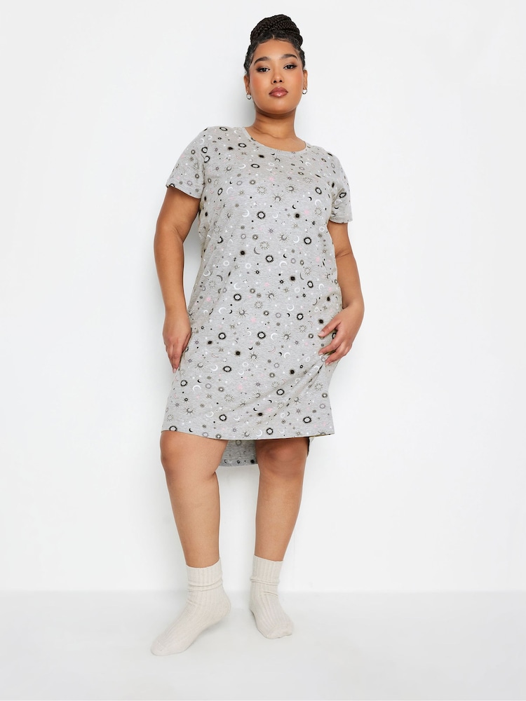 Yours Curve Grey Celestial Tonal Dipped Back 100% Cotton Nightdress - Image 1 of 4