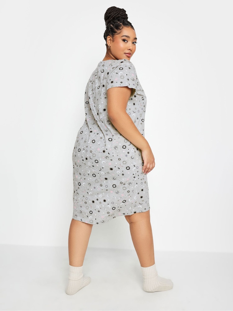 Yours Curve Grey Celestial Tonal Dipped Back 100% Cotton Nightdress - Image 2 of 4