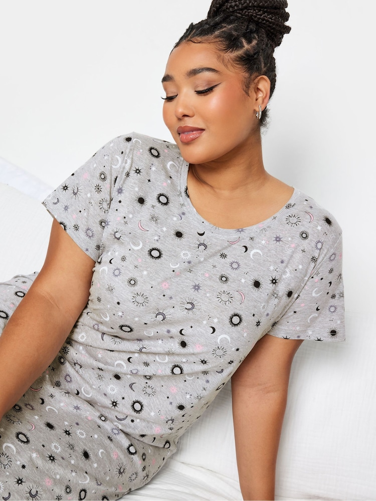 Yours Curve Grey Celestial Tonal Dipped Back 100% Cotton Nightdress - Image 4 of 4