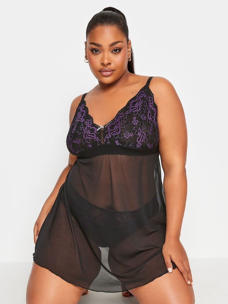 Yours Curve Purple Contrast Lace Babydoll Bra - Image 1 of 4 Yours Curve Purple Contrast Lace Babydoll Bra - Image 1 of 4