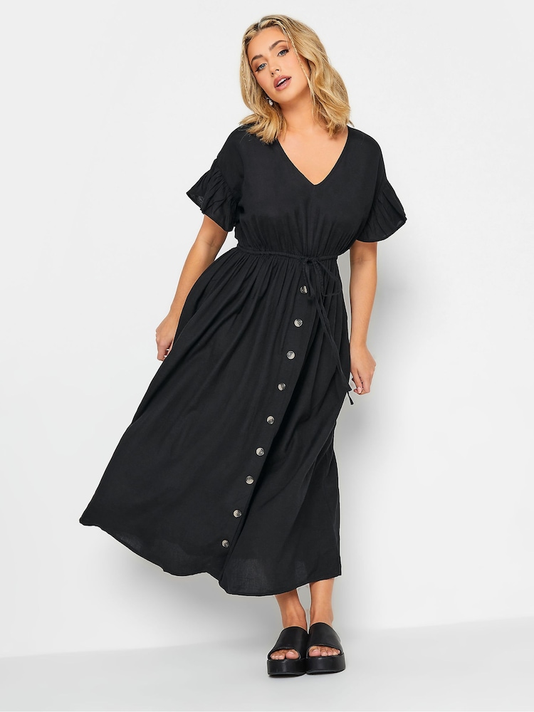 Yours Curve Black Frill Sleeve Linen 100% Cotton Maxi Dress - Image 1 of 4