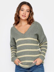 Long Tall Sally Grey V-Neck Striped Jumper - Image 1 of 4