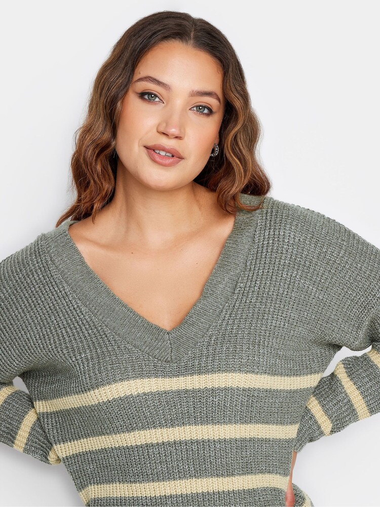 Long Tall Sally Grey V-Neck Striped Jumper - Image 4 of 4