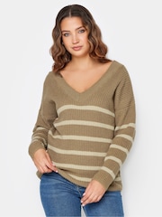 Long Tall Sally Natural V-Neck Striped Jumper - Image 1 of 4