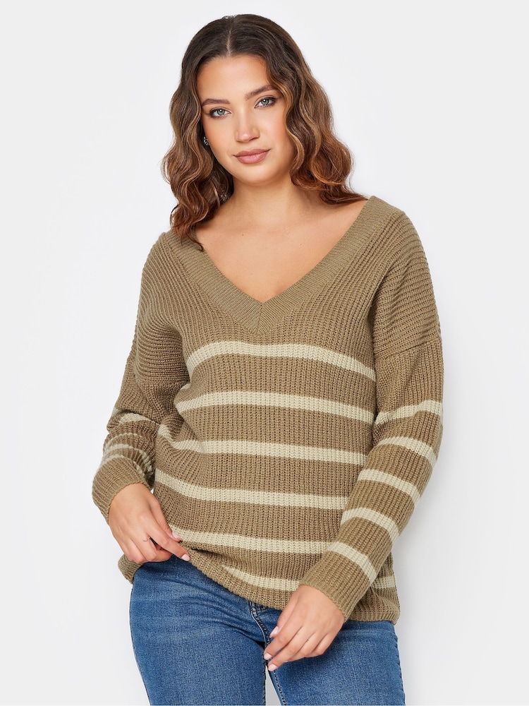 Long Tall Sally Natural V-Neck Striped Jumper - Image 1 of 4
