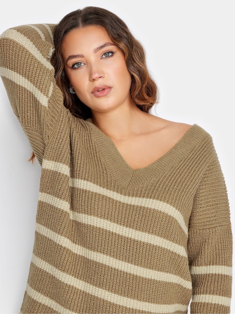 Long Tall Sally Natural V-Neck Striped Jumper - Image 4 of 4