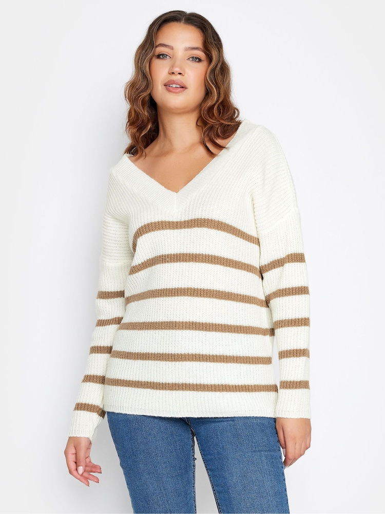 Long Tall Sally Natural cream V-Neck Striped Jumper - Image 1 of 4