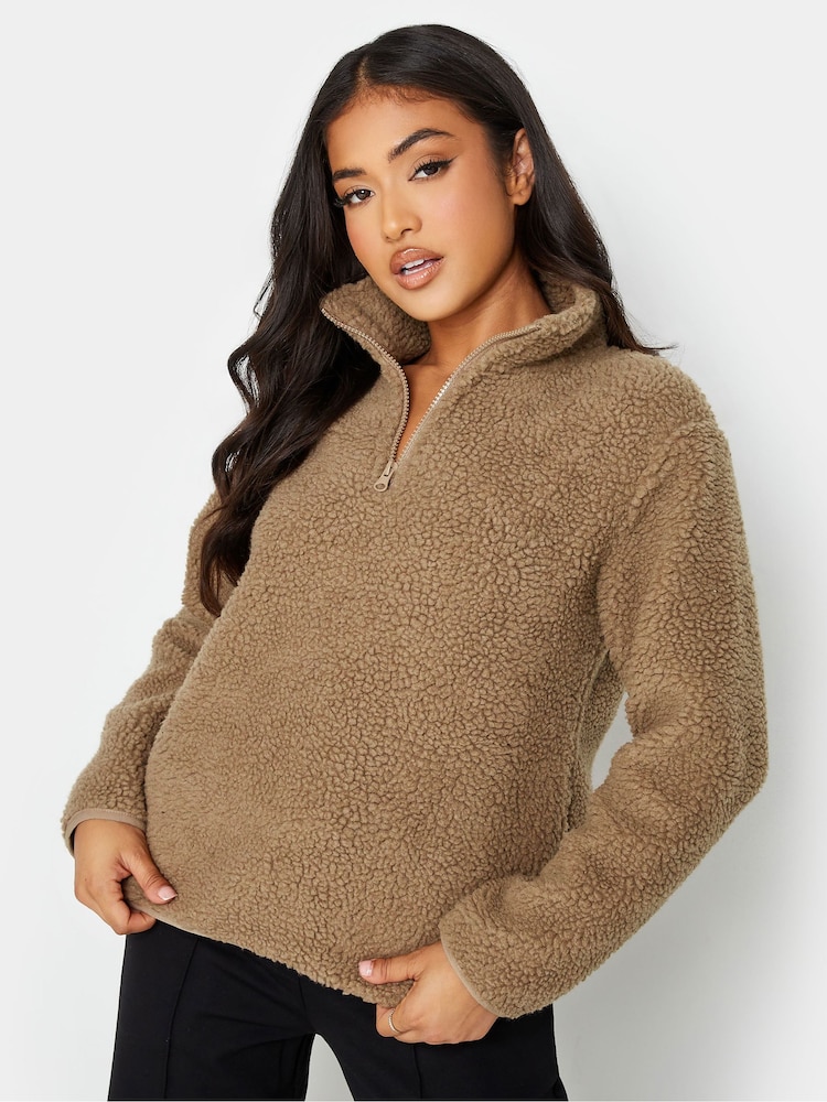 PixieGirl Petite Brown Half Zip Borg Top - Image 1 of 4