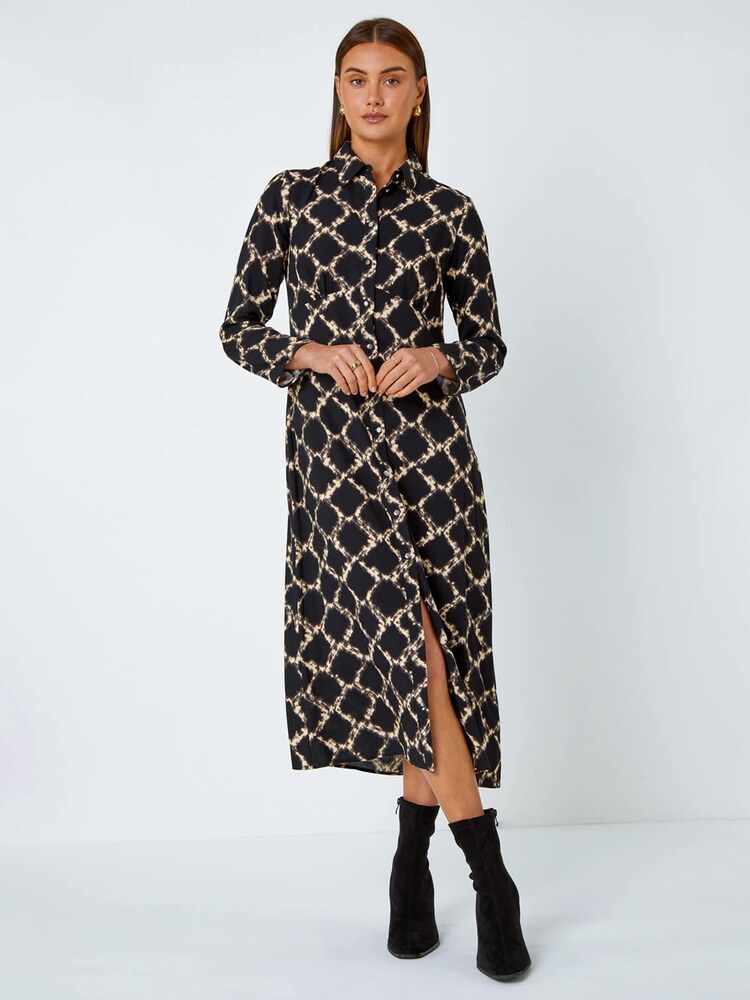 Roman Black Chain Print Midi Shirt Dress - Image 1 of 5
