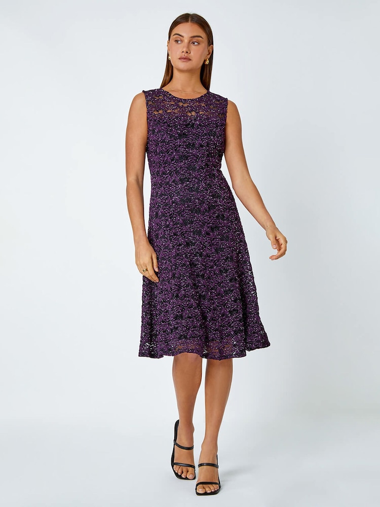 Roman Purple Sleeveless Glitter Lace Stretch Dress - Image 1 of 5 Roman Purple Sleeveless Glitter Lace Stretch Dress - Image 1 of 5