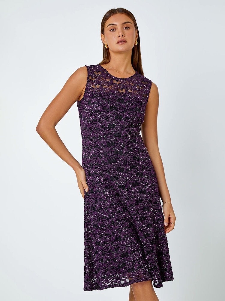 Roman Purple Sleeveless Glitter Lace Stretch Dress - Image 2 of 5 Roman Purple Sleeveless Glitter Lace Stretch Dress - Image 2 of 5