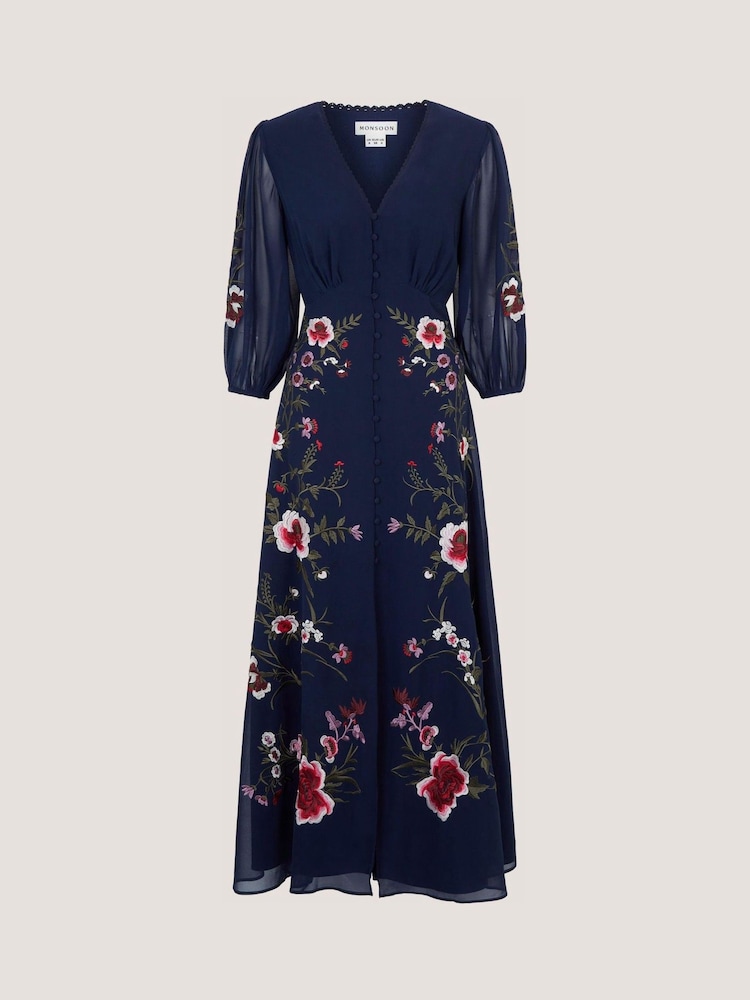 Monsoon Blue Emi Floral Embroidered Maxi Dress - Image 4 of 4 Monsoon Blue Emi Floral Embroidered Maxi Dress - Image 4 of 4
