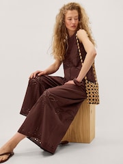 Monsoon Brown Eden Palm Cutwork Wide Leg Trousers - Image 1 of 4