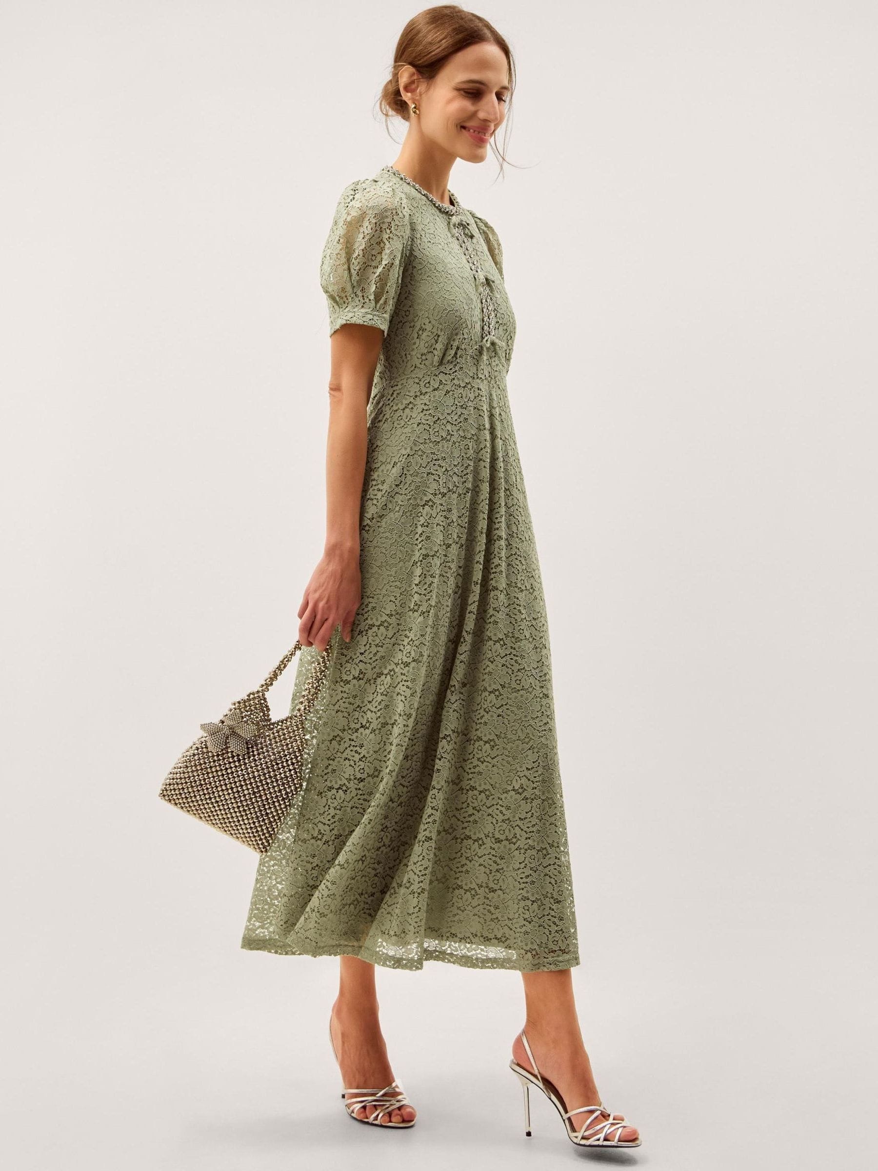 Buy Monsoon Green Celina Puff Sleeve Lace Midi Dress from the Next