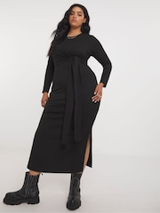 Simply Be Black Ribbed Tie Front Dress - Image 1 of 4