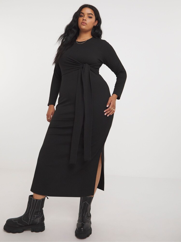 Simply Be Black Ribbed Tie Front Dress - Image 1 of 4