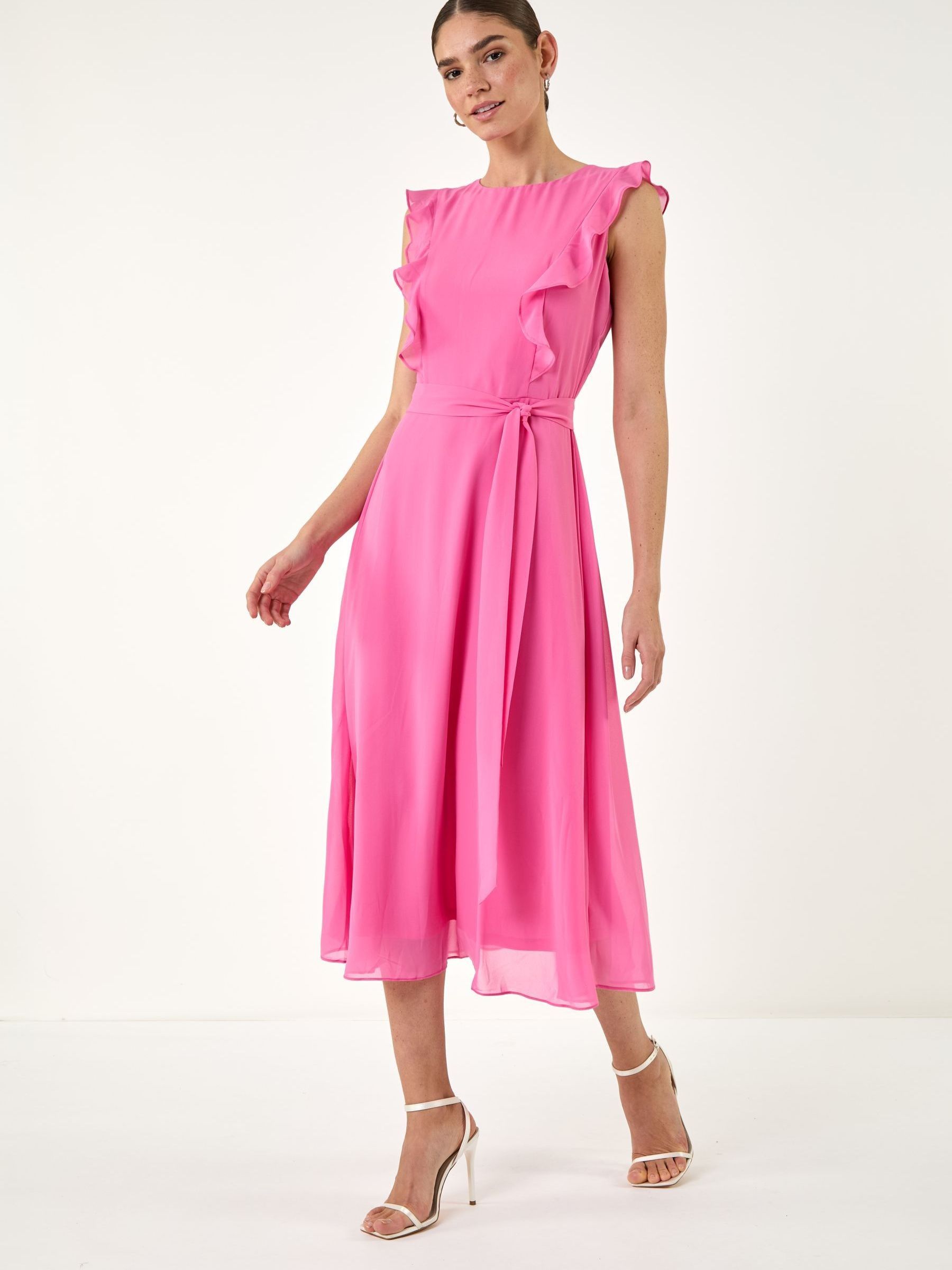 Roman Women's Pink Chiffon Frill Front Midi Dress