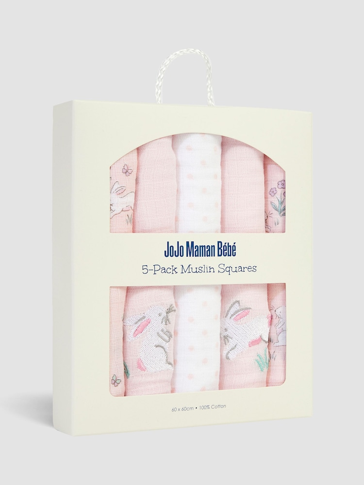 JoJo Maman Bébé Pink Bunny 5-Pack Embroidered Muslin Squares - Image 3 of 3