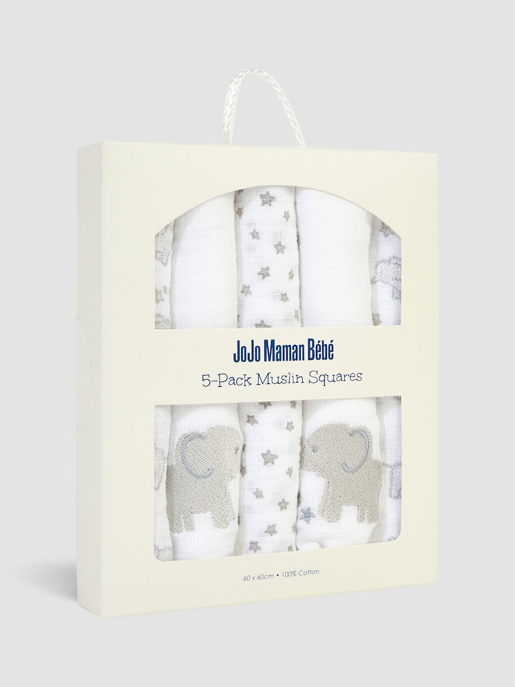 JoJo Maman Bébé Grey Elephant 5-Pack Embroidered Muslin Squares - Image 4 of 4