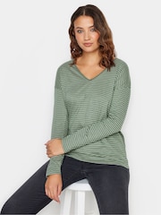 Grün - Long Tall Sally Langärmliges T-Shirt mit V-Ausschnitt und Streifen aus 100 % Baumwolle - Bild 1 von 3
