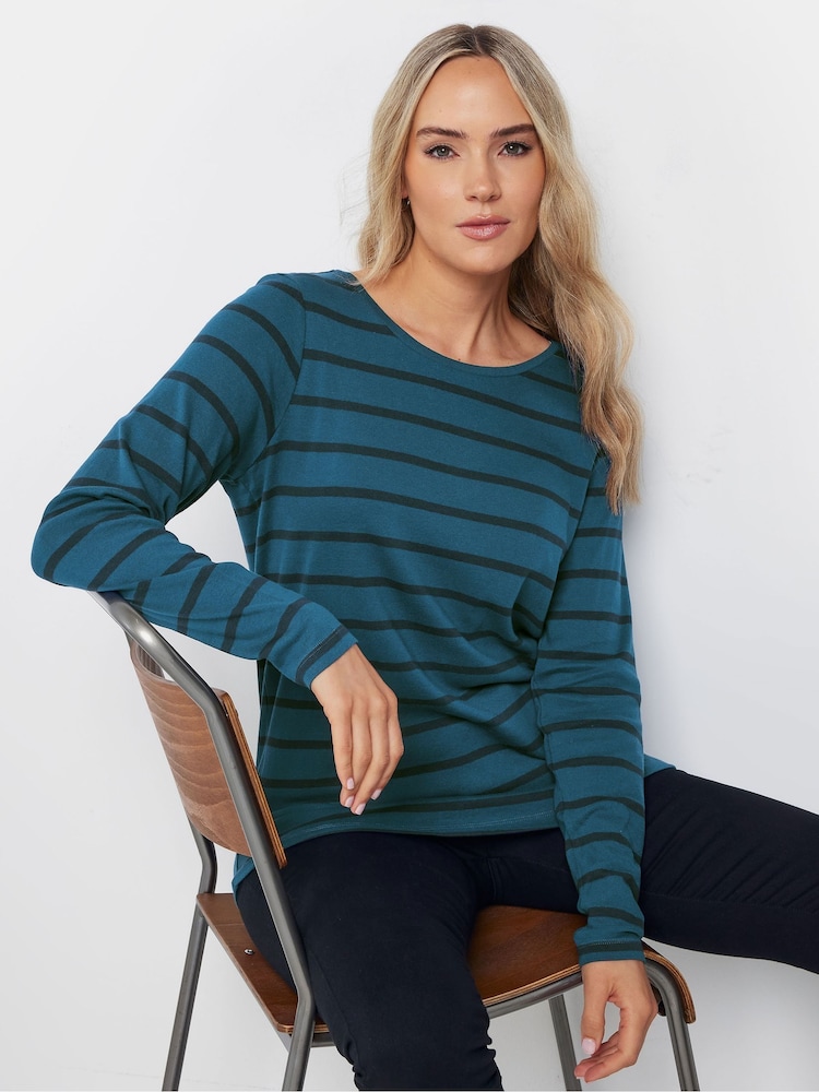 Long Tall Sally Blue 100% Cotton Long Sleeve Stripe T-Shirt - Image 1 of 4