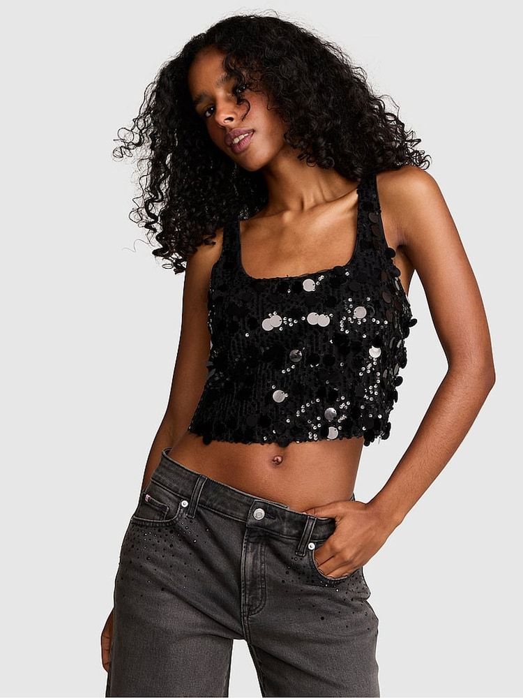 Victoria's Secret Pink Black Sequin Tank Top - Image 2 of 3 Victoria's Secret Pink Black Sequin Tank Top - Image 2 of 3