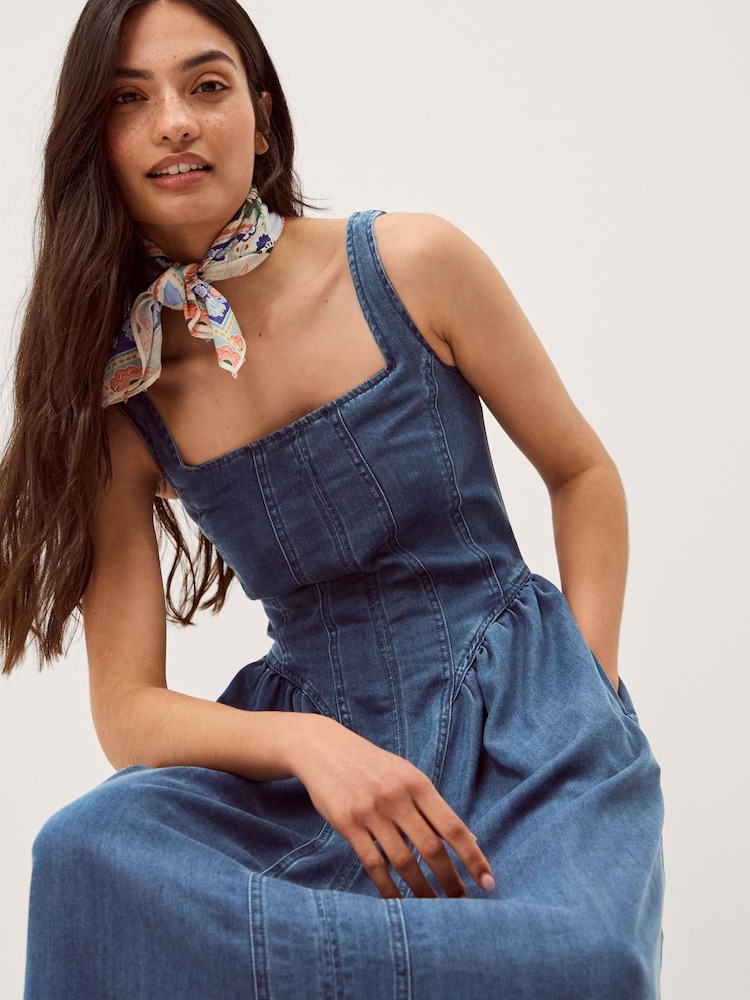 Monsoon Blue Delia Denim Midi Corset Dress - Image 1 of 4 Monsoon Blue Delia Denim Midi Corset Dress - Image 1 of 4