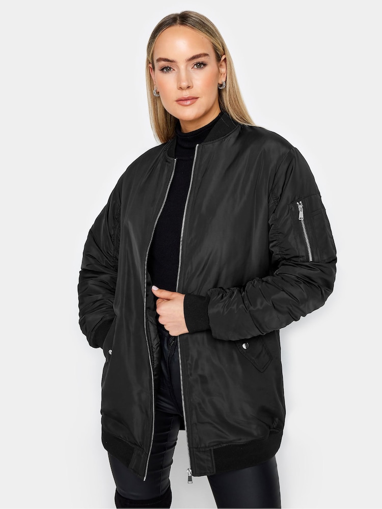 Long Tall Sally Black Tall Padded Longline Bomber Jacket - Image 1 of 4
