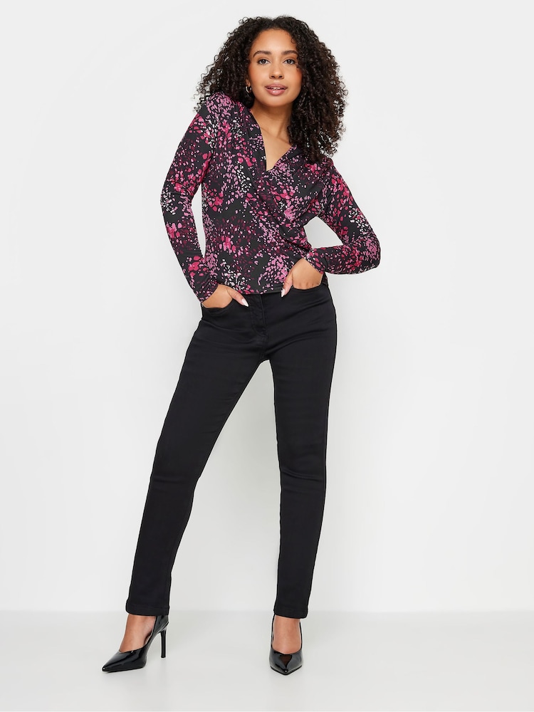 M&Co Black Petite Petite Wrap Long Sleeve Top - Image 2 of 5