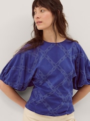 Monsoon Blue Ellie Puff Sleeve Embroidered Jersey Top - Image 1 of 4