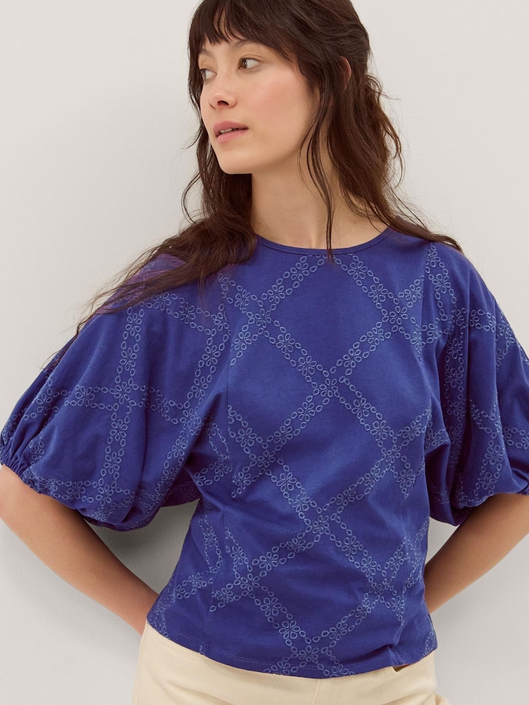 Monsoon Blue Ellie Puff Sleeve Embroidered Jersey Top - Image 1 of 4 Monsoon Blue Ellie Puff Sleeve Embroidered Jersey Top - Image 1 of 4