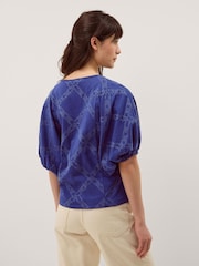 Monsoon Blue Ellie Puff Sleeve Embroidered Jersey Top - Image 3 of 4