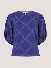 Monsoon Blue Ellie Puff Sleeve Embroidered Jersey Top - Image 4 of 4