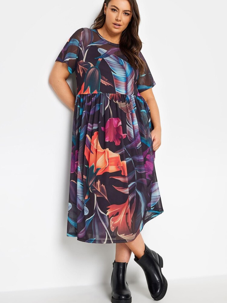 Yours Curve Black Double Layered Mesh Smock Dress - Image 1 of 4