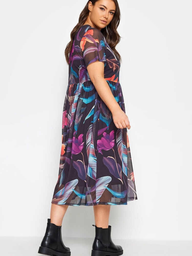 Yours Curve Black Double Layered Mesh Smock Dress - Image 2 of 4