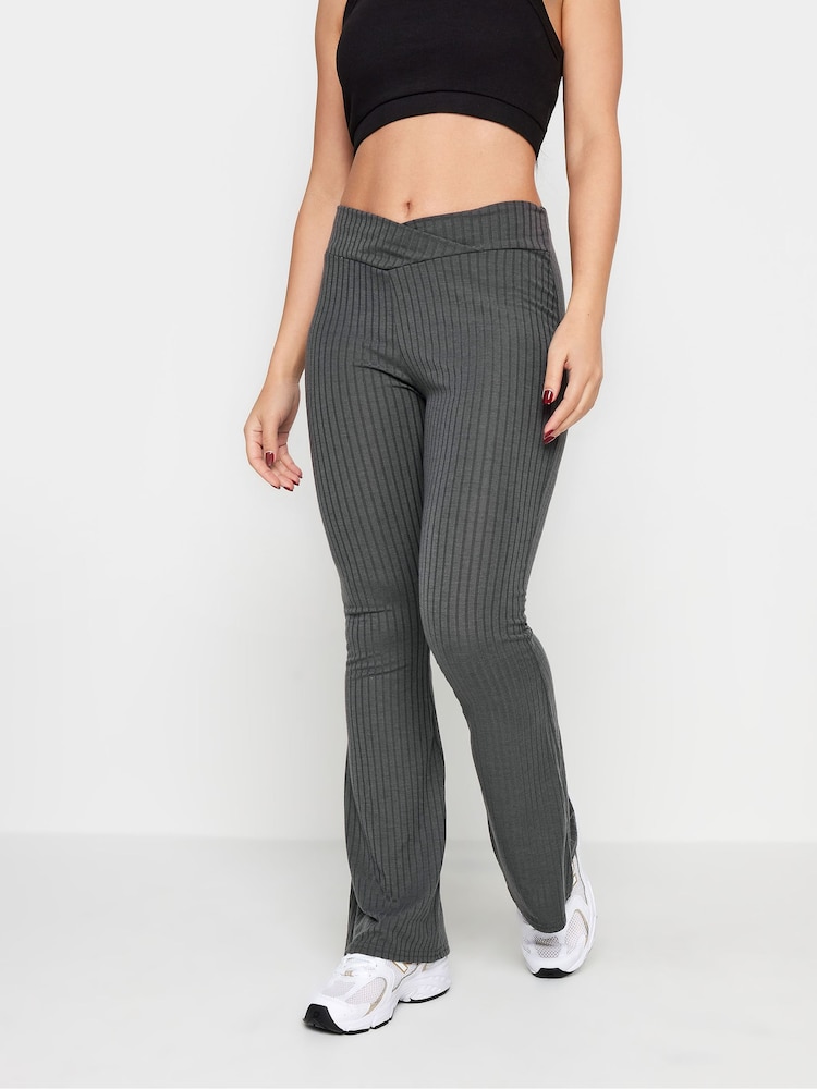 PixieGirl Petite Grey V-Front Ribbed Flare Trousers - Image 1 of 6