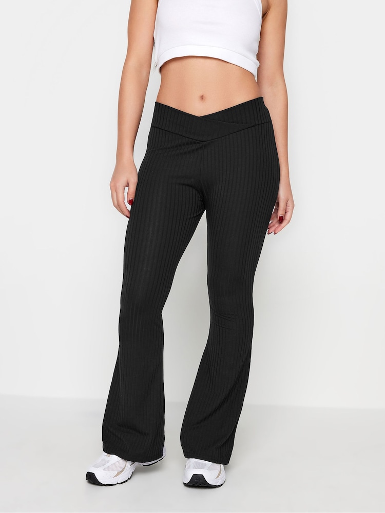 PixieGirl Petite Black V-Front Ribbed Flare Trousers - Image 2 of 6
