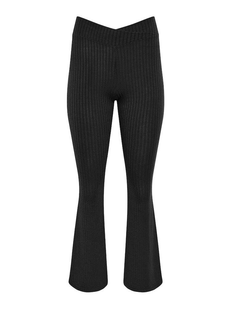 PixieGirl Petite Black V-Front Ribbed Flare Trousers - Image 6 of 6