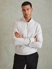 Reiss Silver Callum Textured Cotton Half-Zip Funnel Neck Top - Image 1 of 6