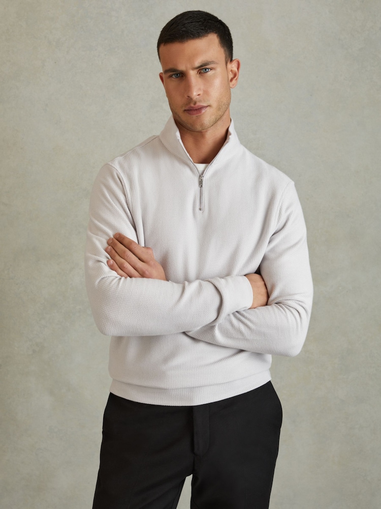 Reiss Silver Callum Textured Cotton Half-Zip Funnel Neck Top - Image 1 of 6