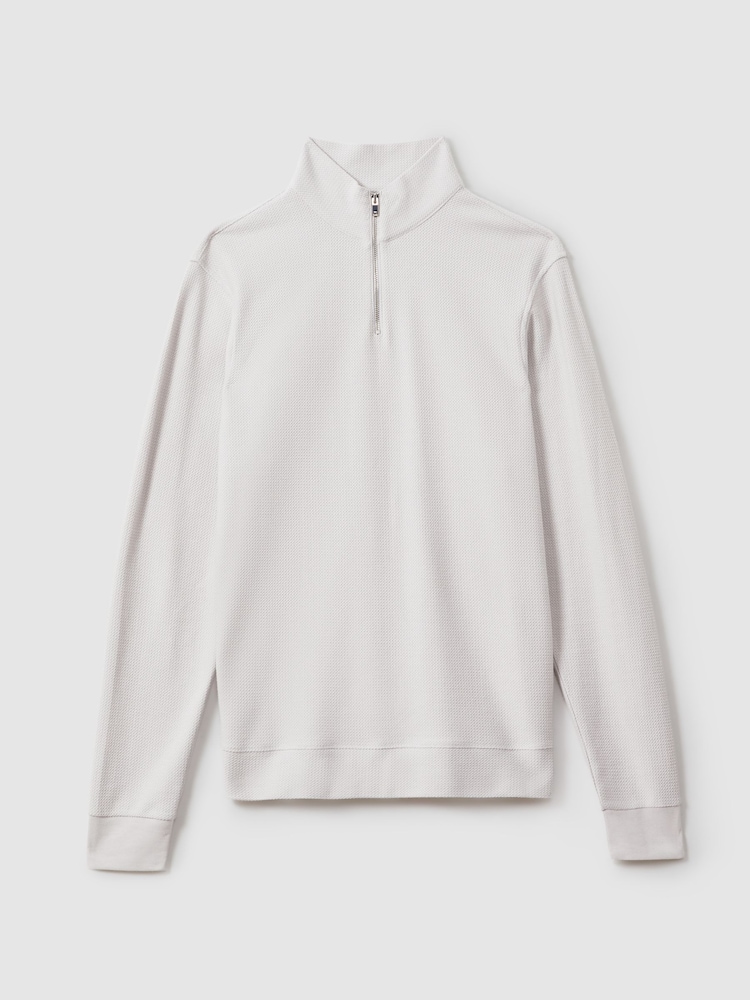 Reiss Silver Callum Textured Cotton Half-Zip Funnel Neck Top - Image 2 of 6