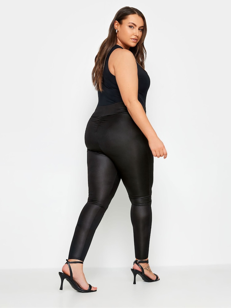 Yours Curve Black Limited Ruched Wetlook Leggings - Image 1 of 5