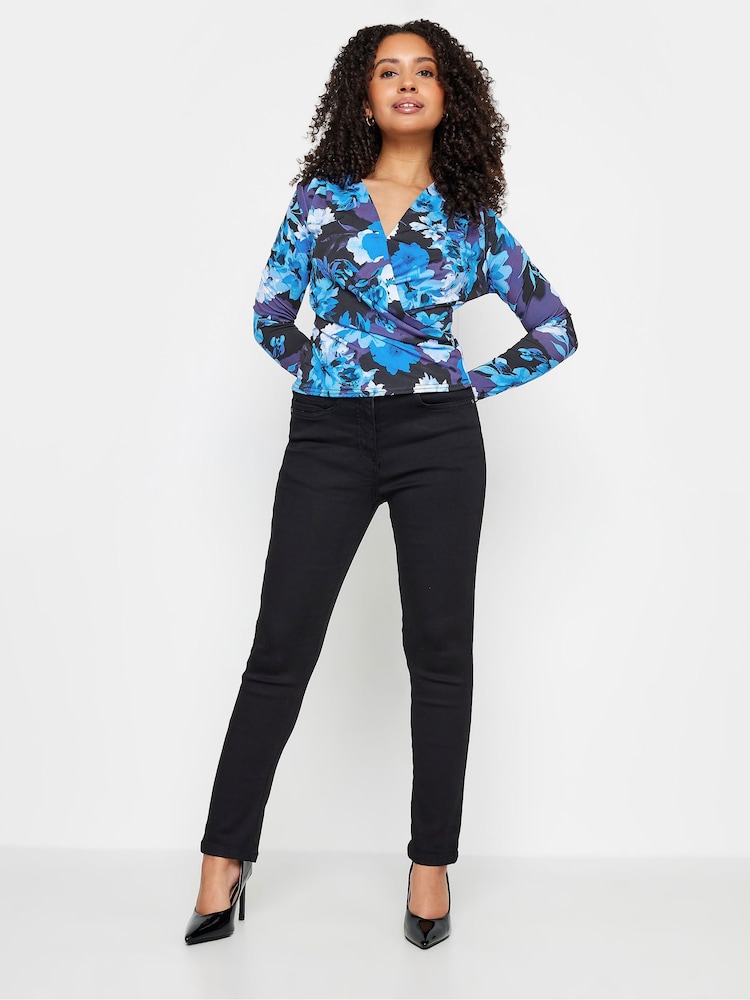M&Co Blue Petite Petite Wrap Long Sleeve Top - Image 1 of 5