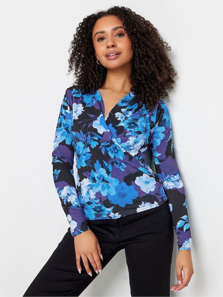M&Co Blue Petite Petite Wrap Long Sleeve Top - Image 2 of 5