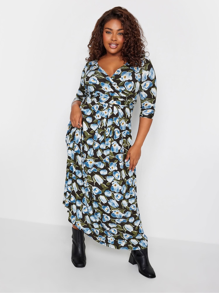 Yours Curve Black/Blue Maxi Wrap Dress - Image 2 of 4