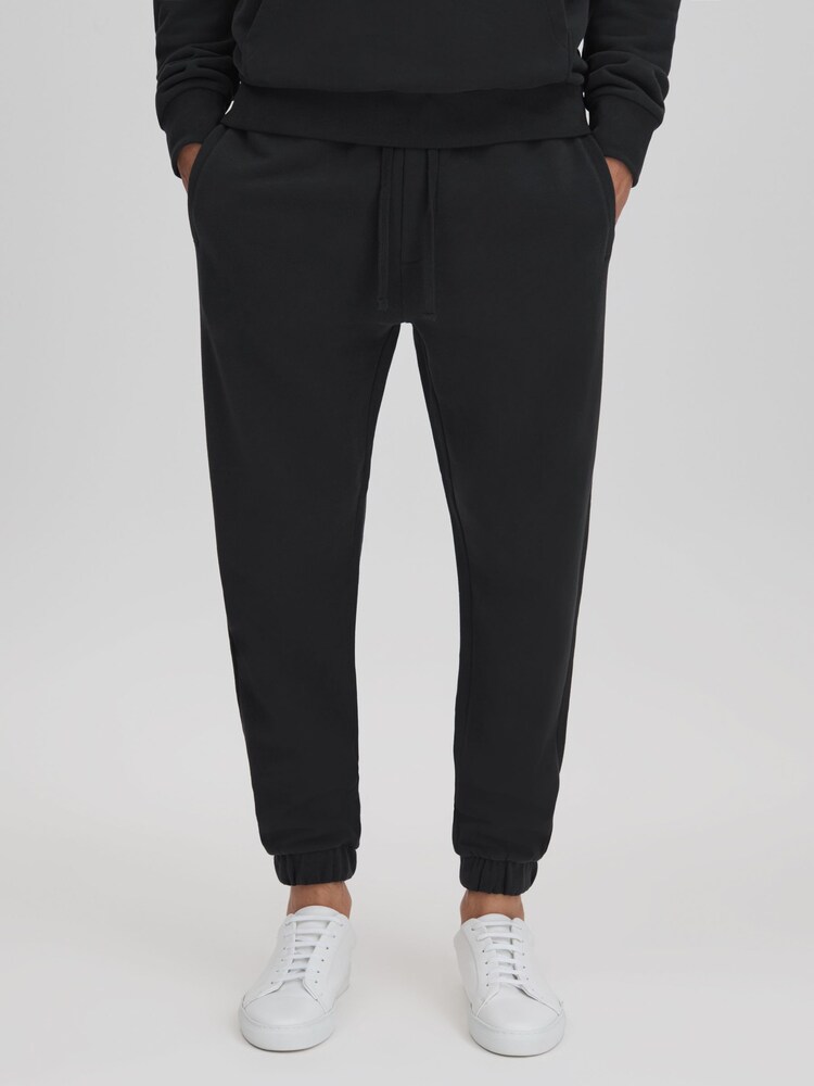 Reiss Washed Black Ali Fleece Lined Cotton Joggers - Image 1 of 6