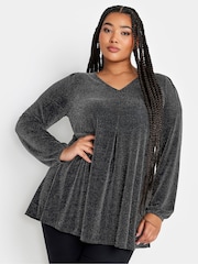 Yours Curve Black Pleated Front Balloon Sleeve Top - Image 1 of 4