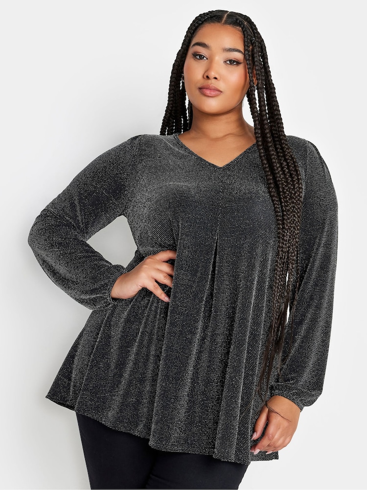 Yours Curve Black Pleated Front Balloon Sleeve Top - Image 1 of 4